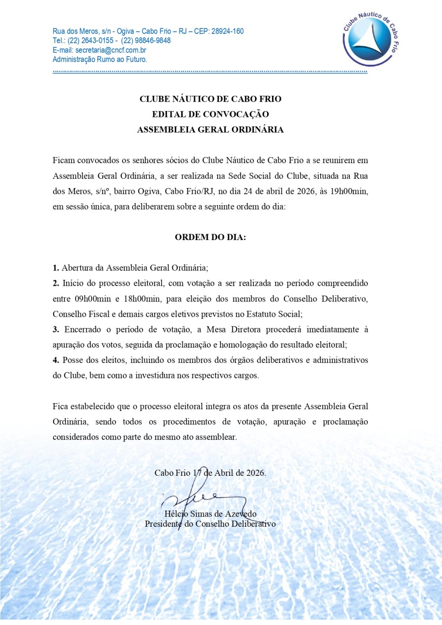 Edital de Convocação de Assembleia Geral Ordinária – Clube Náutico de Cabo Frio